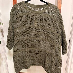 aerie olive green crochet oversized short sleeve sweater - size M - NWT
